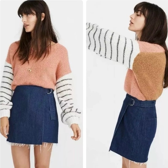 MADEWELL Denim Mini Wrap Jean Skirt Raw Hem Size 0 Blue - Picture 2 of 12